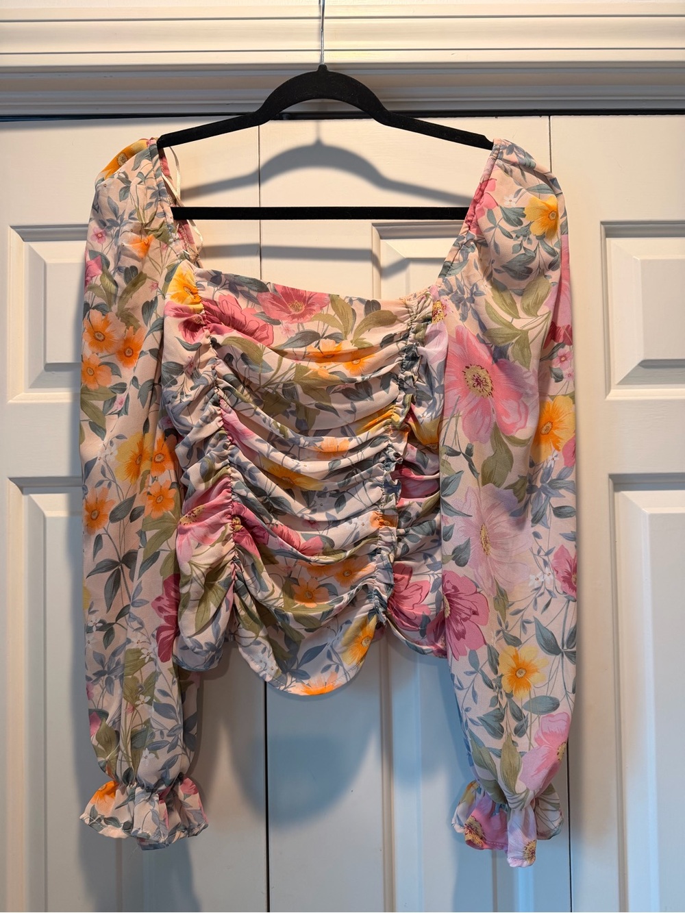 ASTR The Label Floral Ruched Puff Sleeve Blouse - Pink/Yellow- Medium